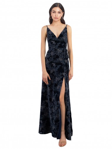 Floral Velvet Surplice V-Neck Long Bridesmaid Dress with V-Back UK