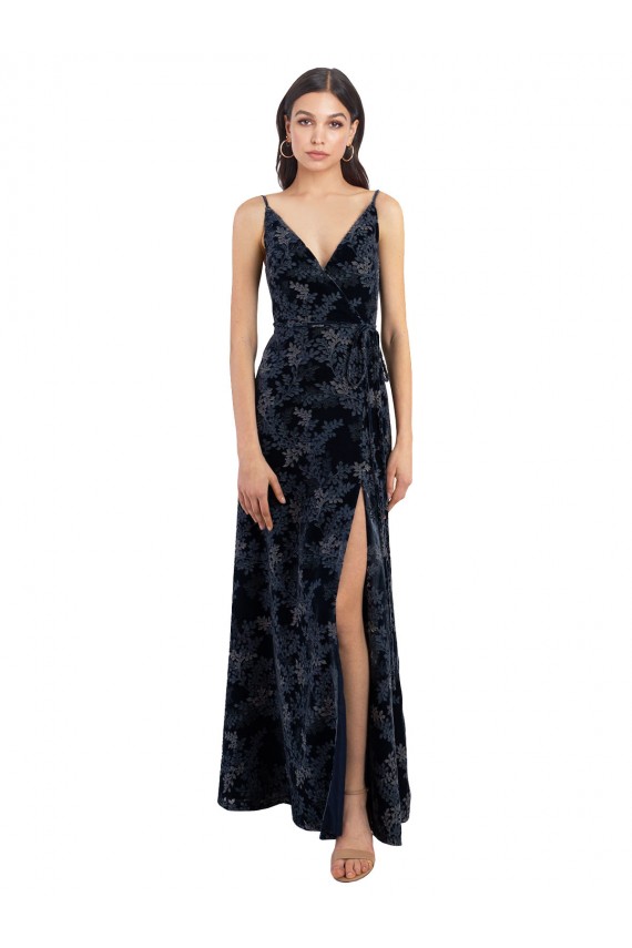 Floral Velvet Surplice V-Neck Long Bridesmaid Dress with V-Back UK