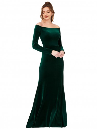 Off the Shoulder Long Sleeves Stretch Velvet Bridesmaid Dress UK