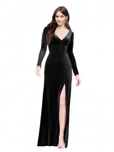 Long Sleeves Velvet Bridesmaid Dress with V-Neckline and Thigh Slit UK