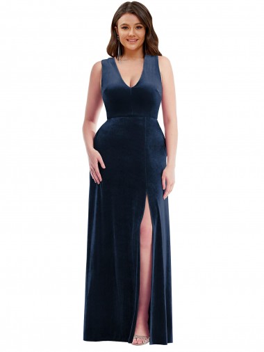 Deep V-Neck Sleeveless Velvet Maxi Bridesmaid Dress with Pockets UK