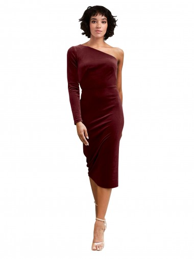 One Shoulder Fitted Short Midi Length Velvet Bridesmaid Dress UK