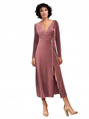 Long Sleeve Velvet Faux Wrap Midi Length Bridesmaid Dress UK