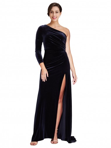 One Sleeve Long Velvet Bridesmaid Dress with Thigh High Split UK