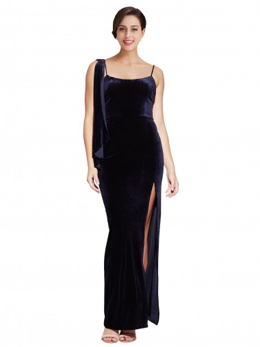 Long Velvet Bridesmaid Dress with Side Thigh Split and Shoulder Tie UK