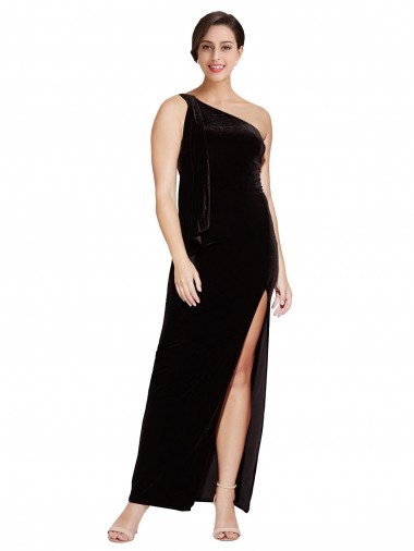 One Shoulder Long Velvet Bridesmaid Dress with Side Split and Shoulder Tie UK