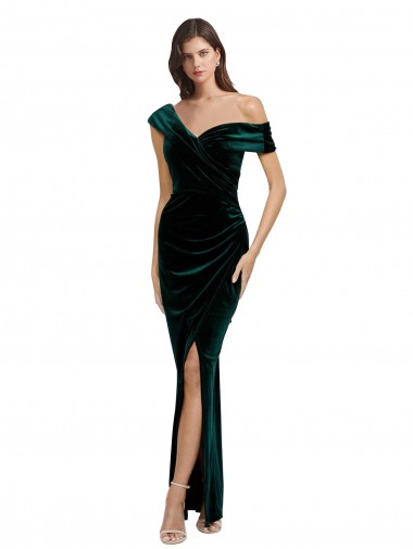 Long Asymmetric Neckline Ruched Velvet Bridesmaid Dress UK