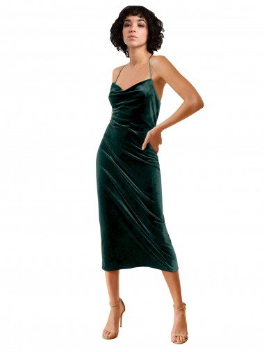 Midi Length Sleek Cowl Neckline Short Velvet Bridesmaid Dress UK