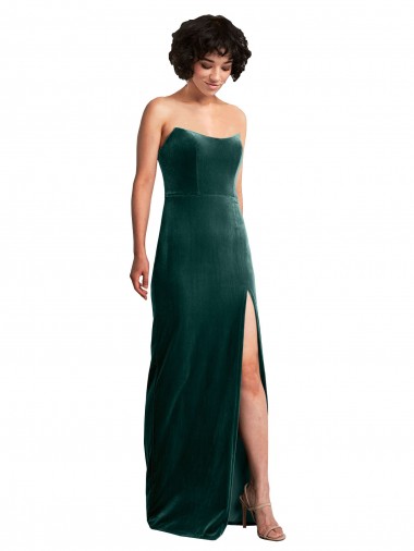 Scooped Strapless Long Velvet Bridesmaid Dress with Daring Side Slit UK